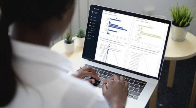 Woman looking at Analytics BusinessQ interface on laptop